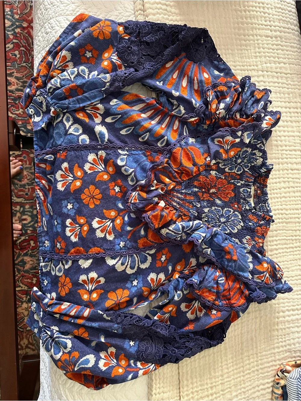 FARM Rio Navy & Orange Floral Lace Puff-Sleeve Blouse